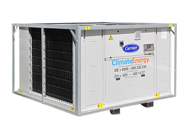 Bild eines Kaltwassersatz mit 90 kW Leistung, Kompaktgerät für Klimaanwendungen bei Gebäudeklimatisierung, Prozesskühlung und Hallenkühlung. Geeignet für die meisten Industrieanwendungen. 