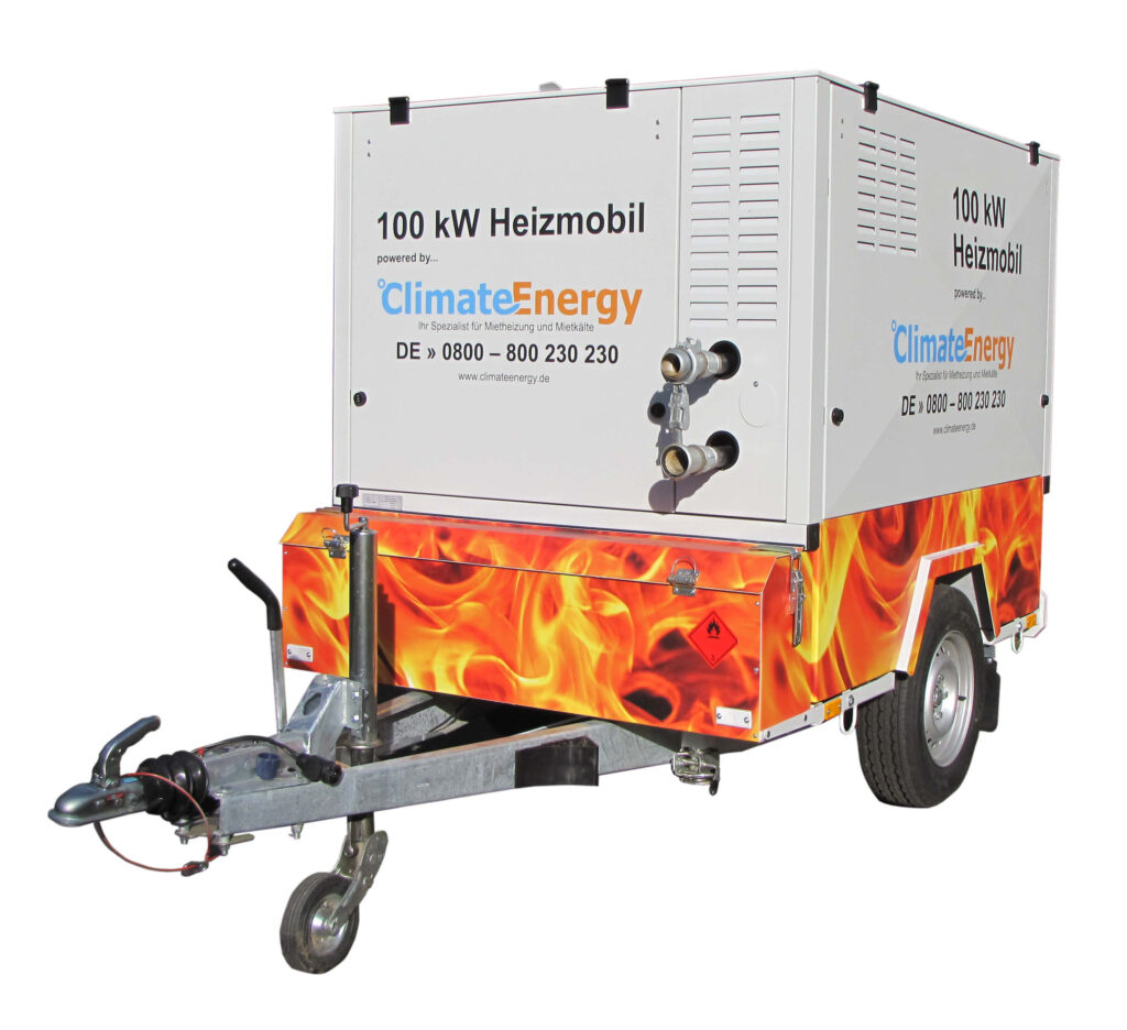100 kW Heizmobil von Climate Energy auf einem Anhänger, mit feuriger Grafik und wichtigen technischen Elementen.