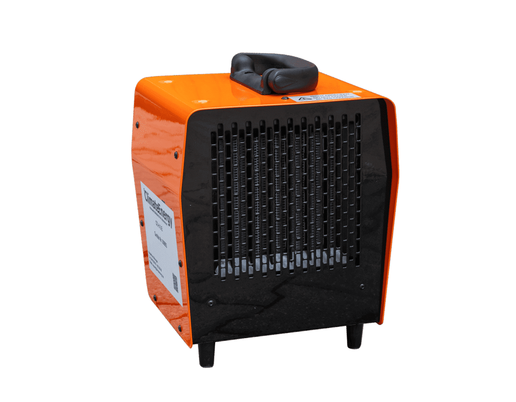 Kompakter, orangefarbener Heizlüfter mit schwarzer Front, ideal für effiziente Klimaanpassungen. Climate Energy.