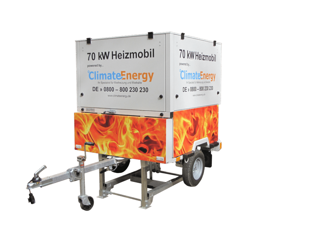 70 kW Heizmobil von Climate Energy mit feuriger Grafik, montiert auf einem Anhänger.