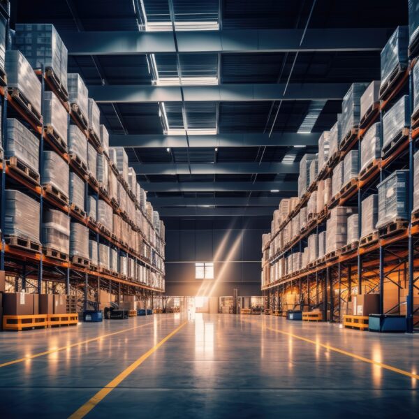 Ein moderner Lagerraum mit hohen Regalen voller Paletten, beleuchtet von natürlichem Licht. Climate Energy.