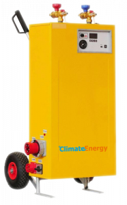 Gelber Heizungsgerät mit Reglern, Rädern und Display, gekennzeichnet mit 'Climate Energy'.