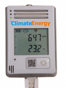Digitales Messgerät von Climate Energy zeigt CO2-Wert (647 ppm) und Temperatur (23,2 °C) an.