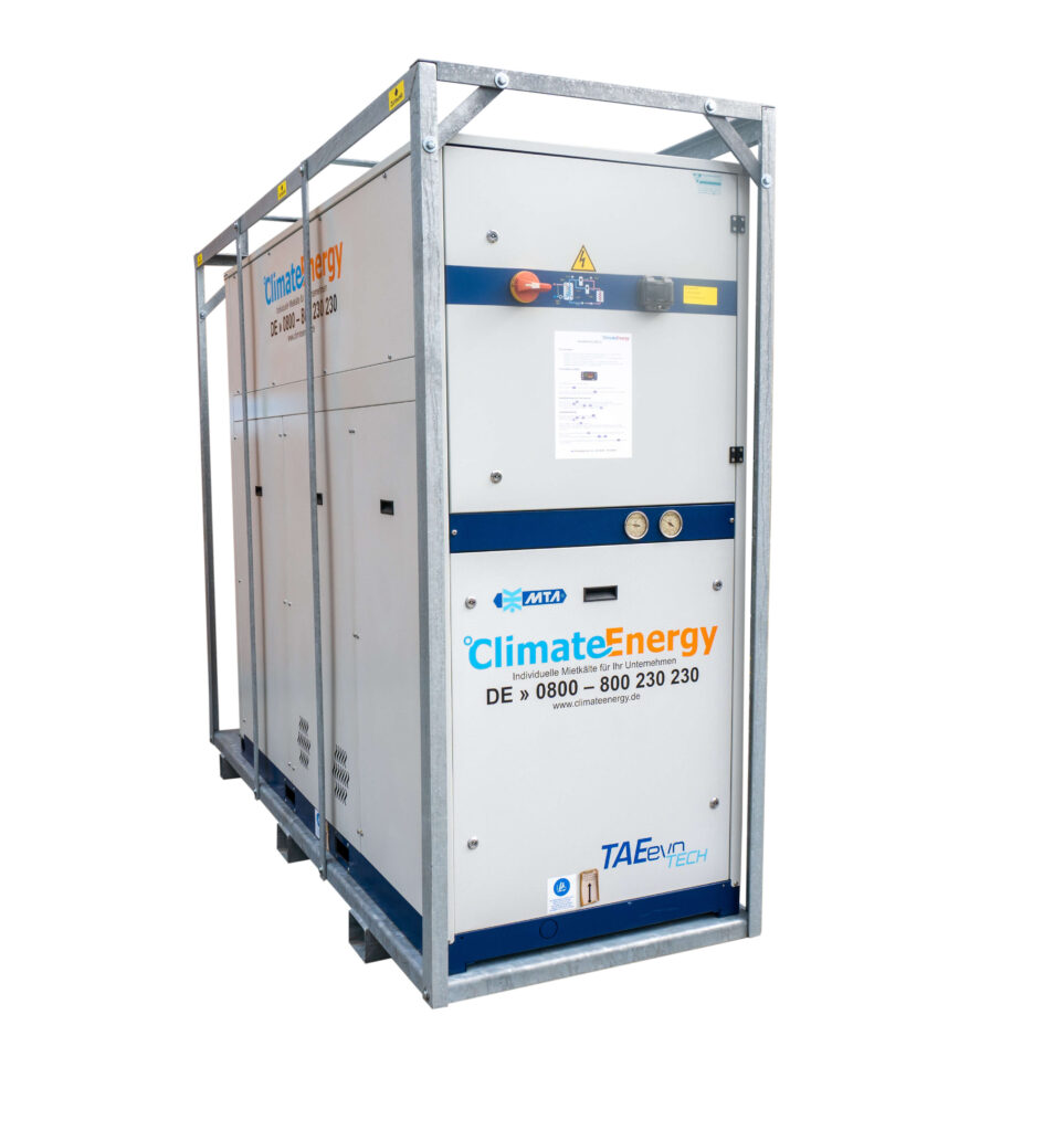 75 kW Kaltwassersatz CE-KW-75 von Climate Energy – luftgekühlter Kaltwassersatz mit zwei Scroll Kompressoren und drei Axialventilatoren, optimal für Industrie, Prozess- und Gebäudekühlung