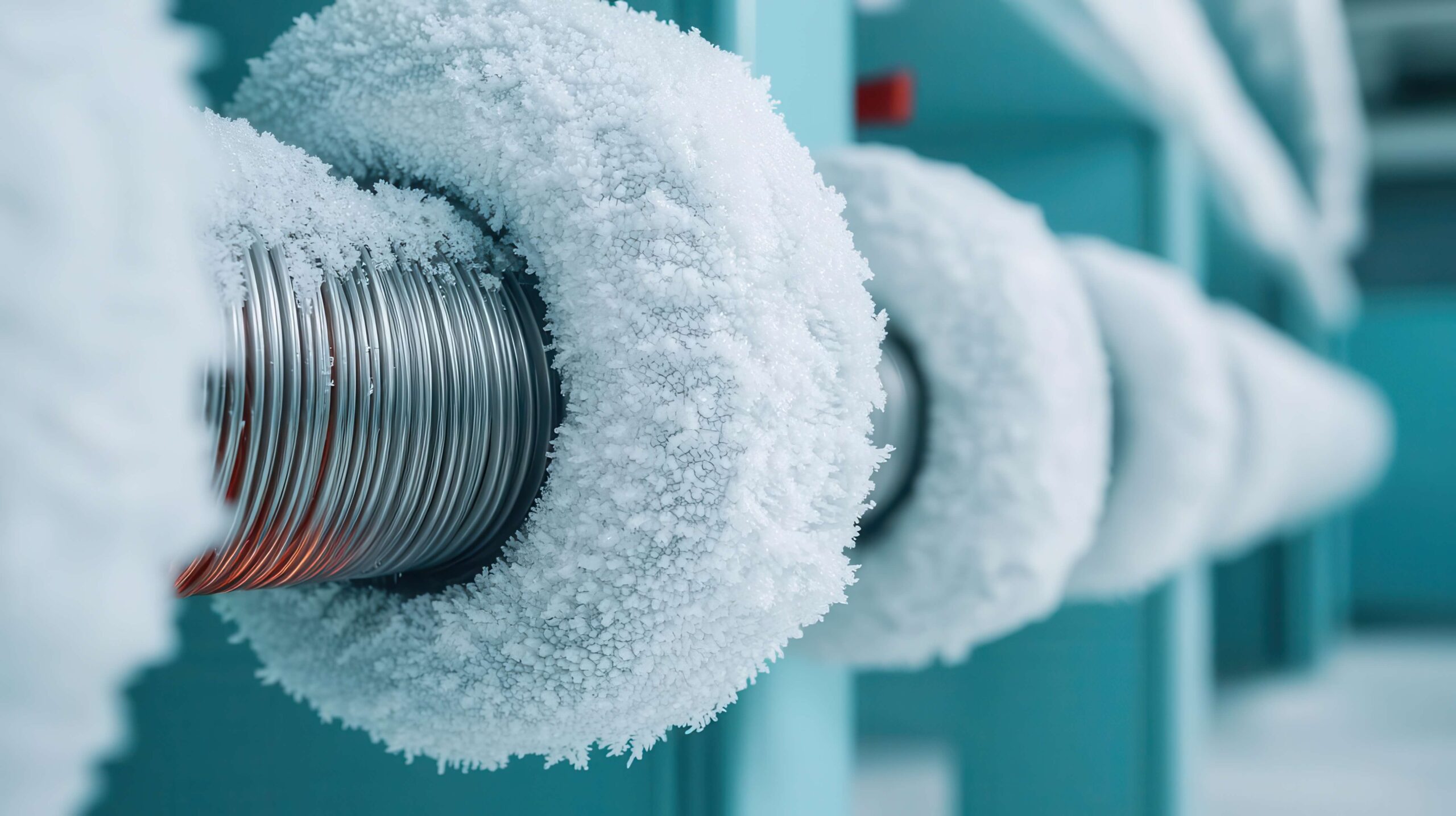 Stark vereiste Rohrleitungen in einer Kälteanlage – Symbolbild für leistungsstarke Mietkälte von Climate Energy