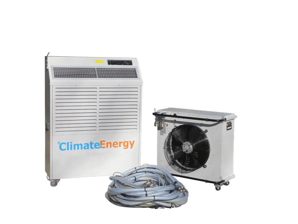 Mobiles Split-Klimagerät CE-KL-15 mit 15 kW Kühlleistung, Glykol-Wasserkreislauf und externem Wärmetauscher – flexible Schlauchleitungen bis 30 m, ideal für große Büros, Verkaufsräume, Serverräume, Zelte und Events