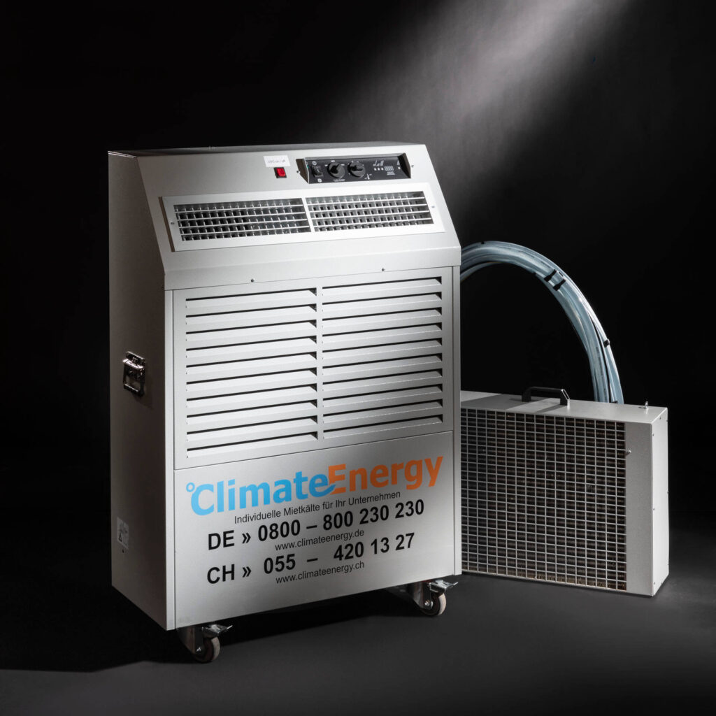 Mobiles Split-Klimagerät CE-KL-6,7 mit 6,7 kW Kühlleistung, Glykol-Wasserkreislauf und externem Wärmetauscher – flexible Schlauchleitungen bis 30 m, ideal für Büros, Verkaufsräume, Serverräume, Zelte und Events