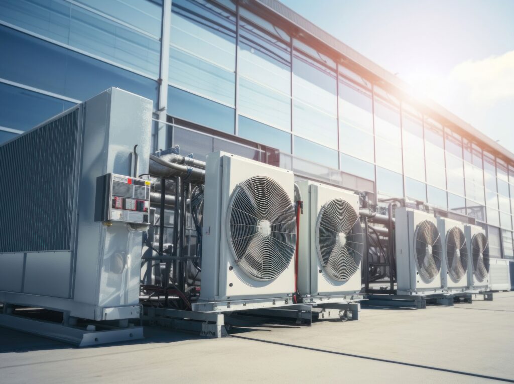 Moderne Klimaanlagen vor einem großen Gebäude, mit Fokus auf Energieeffizienz. Climate Energy.