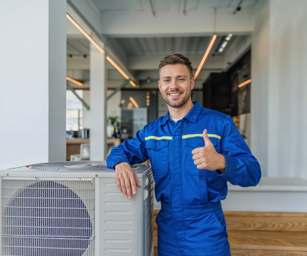 Techniker mit Kaltwassersatz im Innenbereich zeigt Daumen hoch &ndash; Vorteile vom Kaltwassersatz mieten wie Flexibilit&auml;t, Kostenkontrolle und schnelle Bereitstellung.