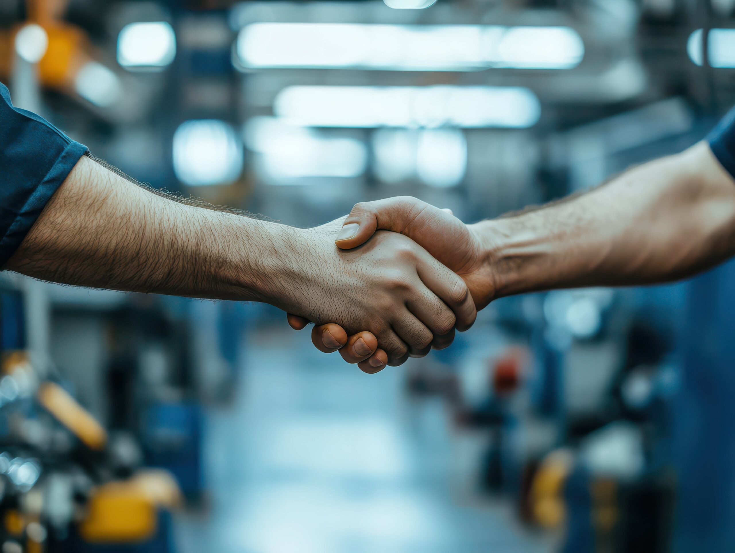Händedruck zwischen zwei Personen in einer Werkstatt, symbolisiert Zusammenarbeit in der Klim energie.