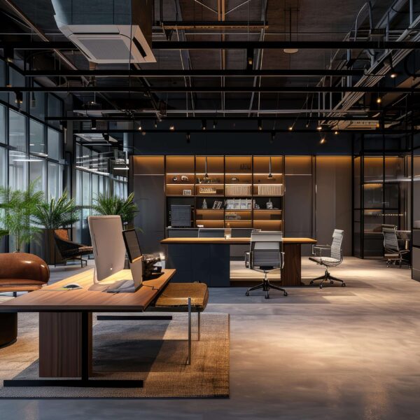 Modernes Büro mit Pflanzen, eleganten Möbeln und hellen Akzenten. Ideal für Klimaenergie-Initiativen.