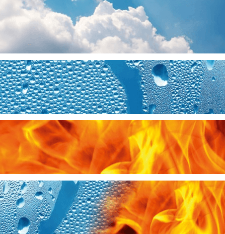 Wolken, Wassertröpfchen und Feuer in einem visuellen Kontrast, symbolisieren die Elemente der Klimaenergie.