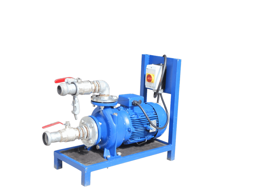 Blaues Pumpensystem mit Motor und Rohren, ideal für Klimaanlagen. Climate Energy.