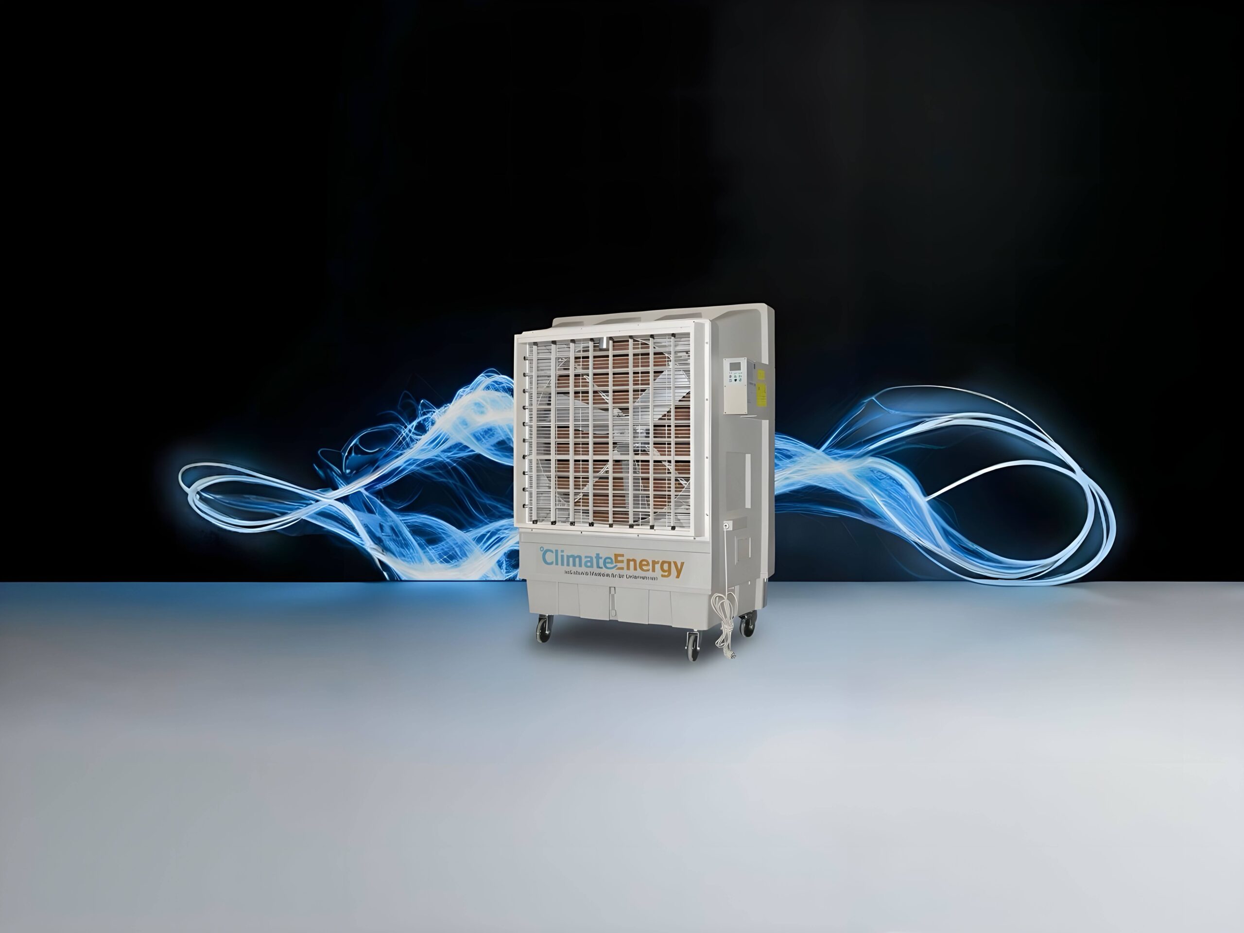 Mobiles Klimagerät von Climate Energy mit visualisierten Luftströmen.