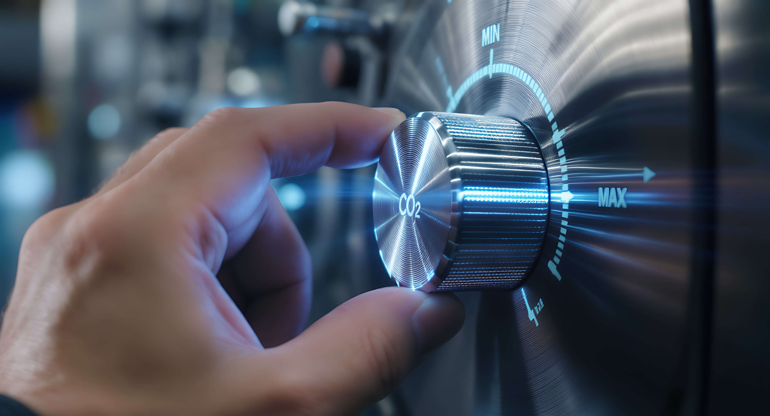 Hand dreht CO₂-Regler – Kontrolle von Luftqualität und Klimaenergie.