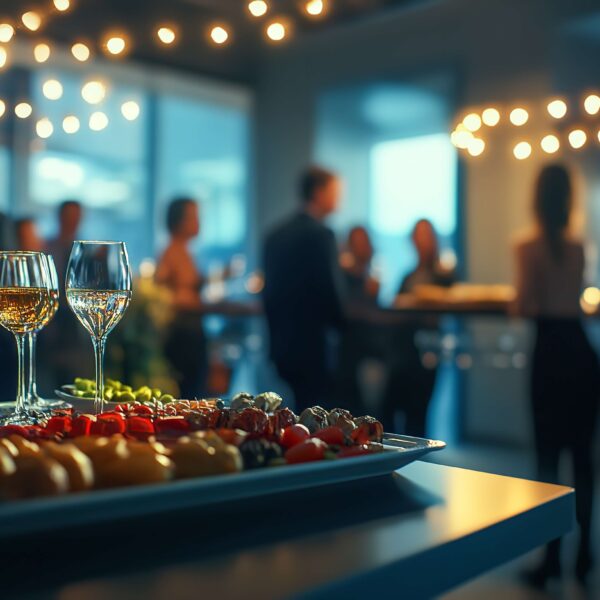 Event mit Buffet und Gästen im Hintergrund – Bedarf an Eventklimatisierung und Klimaenergie.