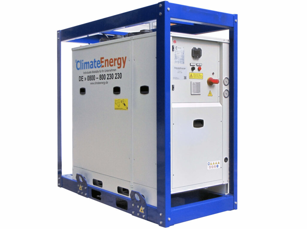 Mobiler Kaltwassersatz im Metallrahmen – flexible Mietkälte und Klimaenergie.