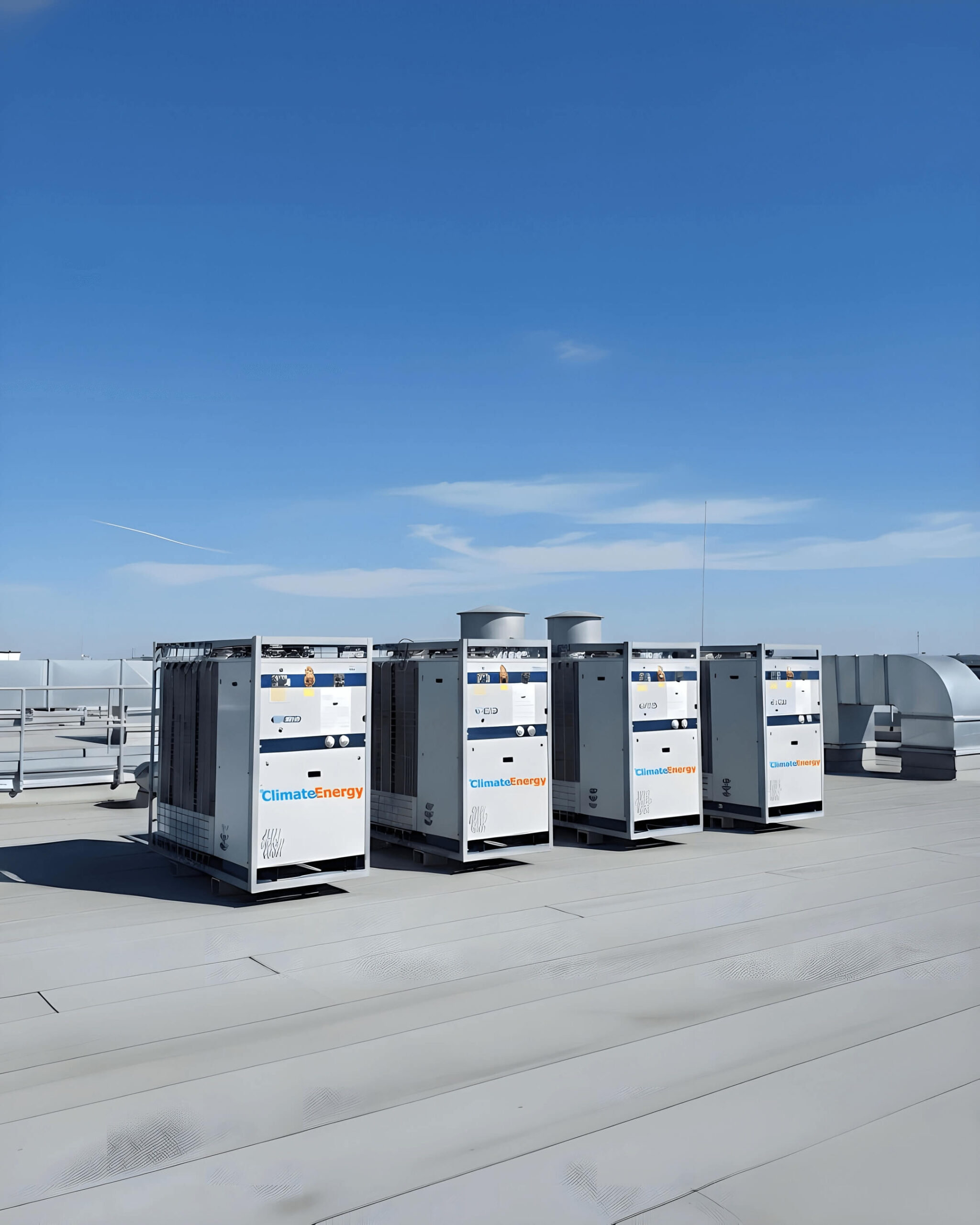 Mehrere Kaltwassersätze auf Flachdach – industrielle Klimaenergie-Kühlanlagen.