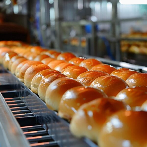 Frische Brötchen auf Produktionslinie – Lebensmittelindustrie und Klimaenergie.