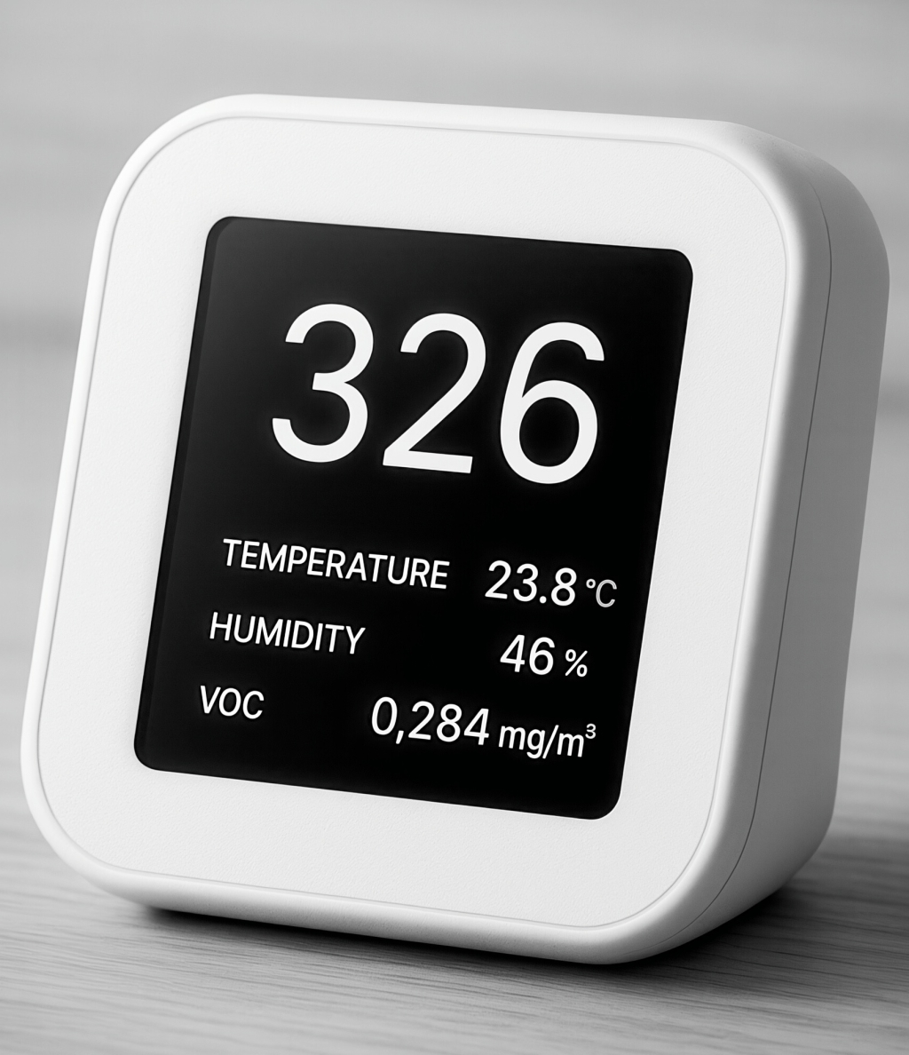 Digitales Raumluft-Messgerät für Temperatur, Luftfeuchtigkeit und VOC – Überwachung der Innenraumluft und Klimaenergie.