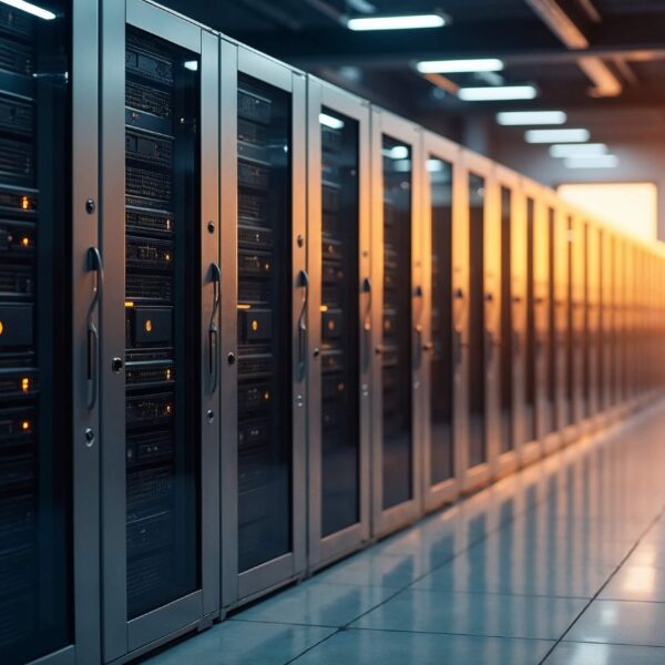 Serverreihen im Rechenzentrum – temperaturkritische IT-Umgebung und Klimaenergie.