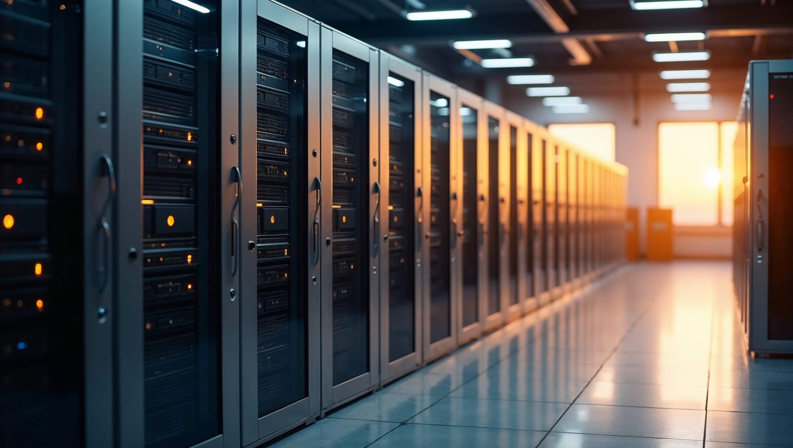 Serverreihen im Rechenzentrum – temperaturkritische IT-Umgebung und Klimaenergie.